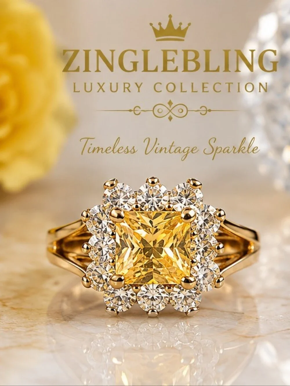 Vintage 1993 Yellow AAA+ CZ Halo Ring 18K Gold Triple Plated Size 8 NOS